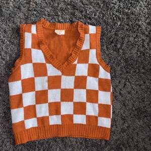 Neon Soul Orange and White Checkered V-Neck Knit Sweater Vest